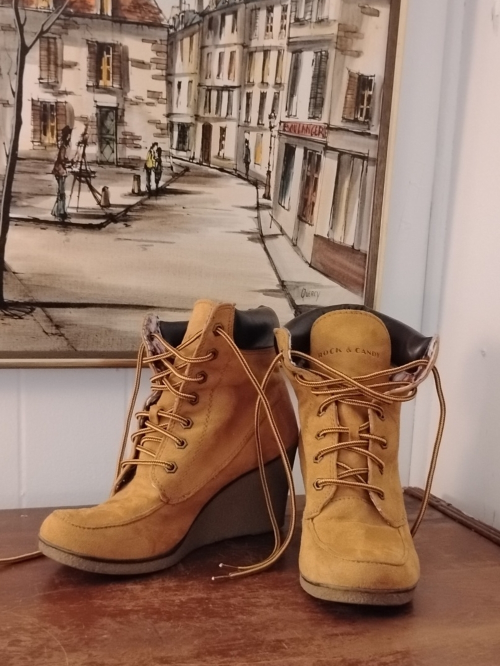 Rock & Candy Mustard Tan Suede Wedge Lace-Up Booties